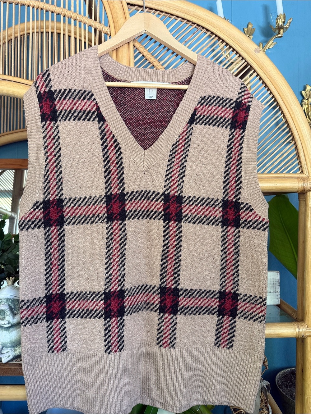 V-Neck Plaid Sweater Vest - Beige with Burgundy Accents